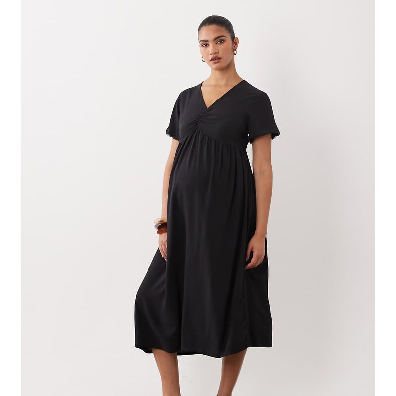 Mama.licious Mamalicious Maternity lace trim ruched front midi