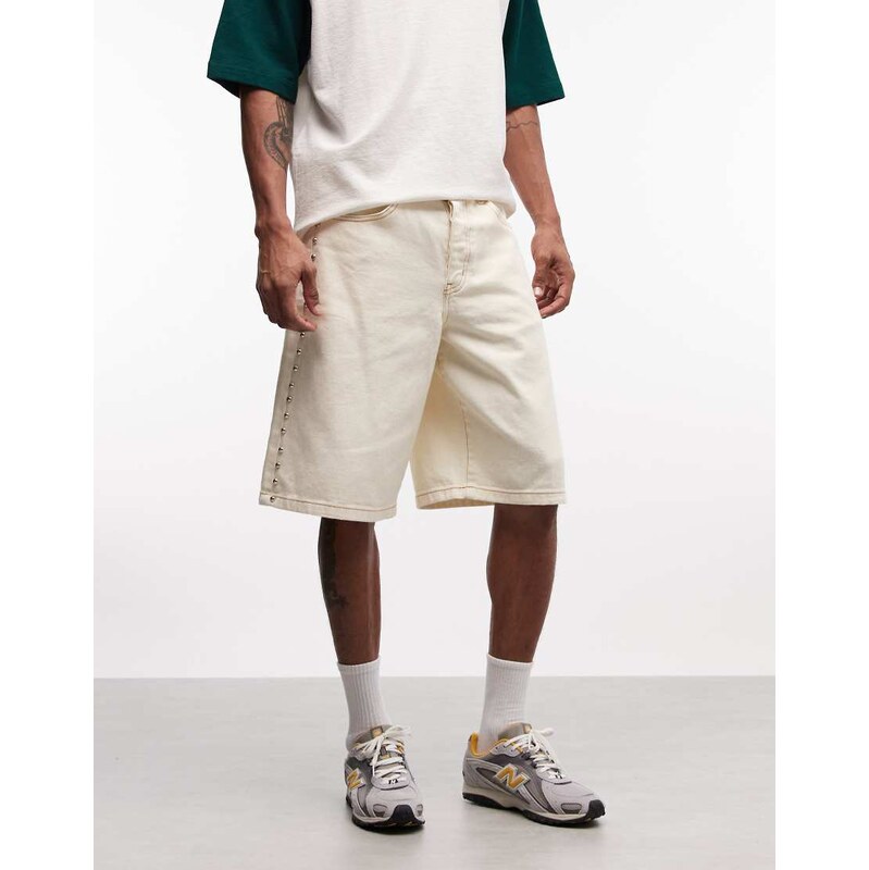 Liquor N Poker side stud detail denim jorts in ecru wash-Neutral