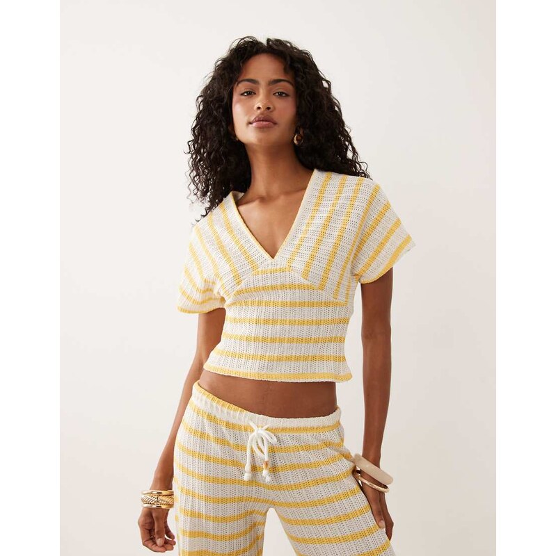 ASOS DESIGN textured batwing v neck top co-ord in yellow stripe