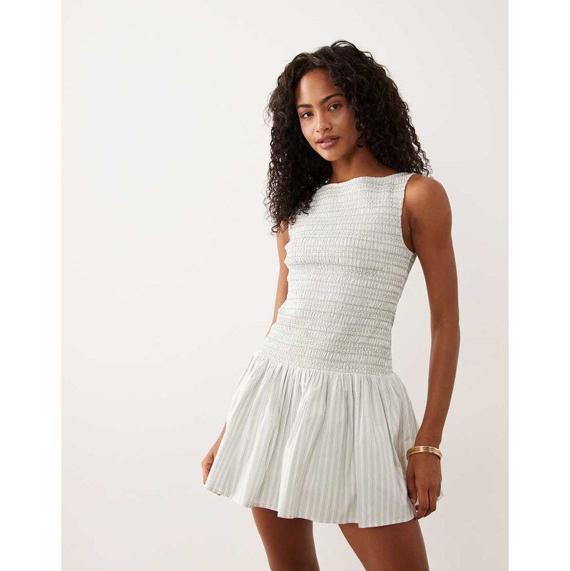 Abercrombie & Fitch slash neck smocked skort mini dress in white 115730891