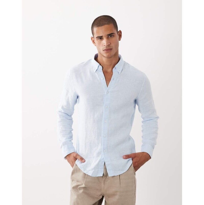 Abercrombie & Fitch 100% linen long sleeve shirt in blue 115730924