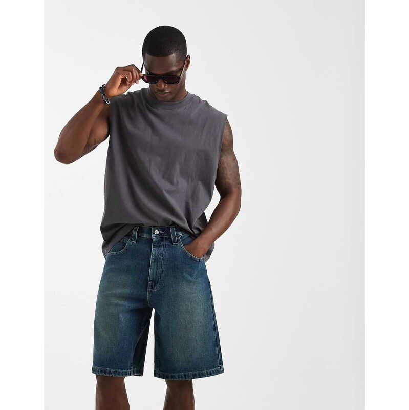 Hollister baggy denim shorts in darkwash blue-Green