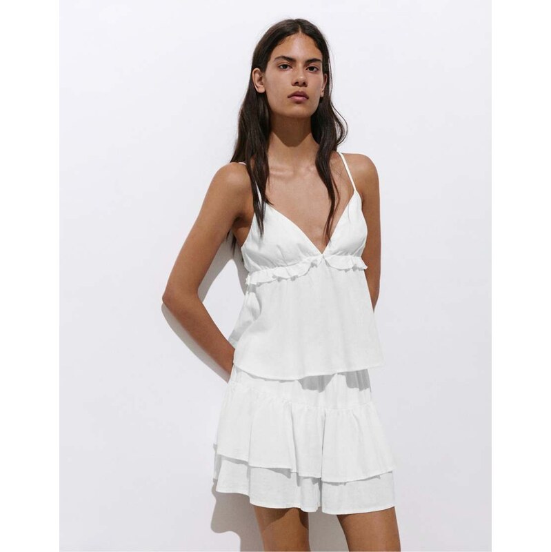 Pull&Bear Linen blend ruffled top in white 115730969
