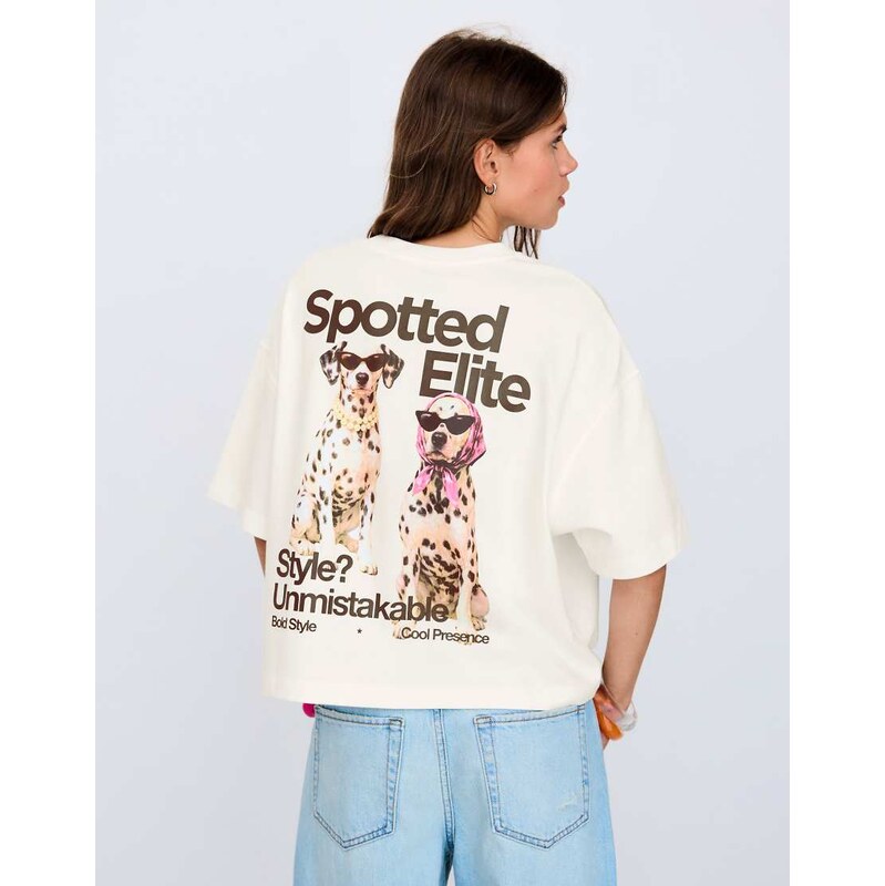 Bershka Short sleeve print t-shirt in ecru-White 115730992