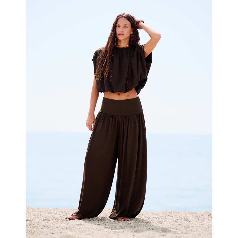 Bershka Balloon trousers with cummerbund in brown 115730989