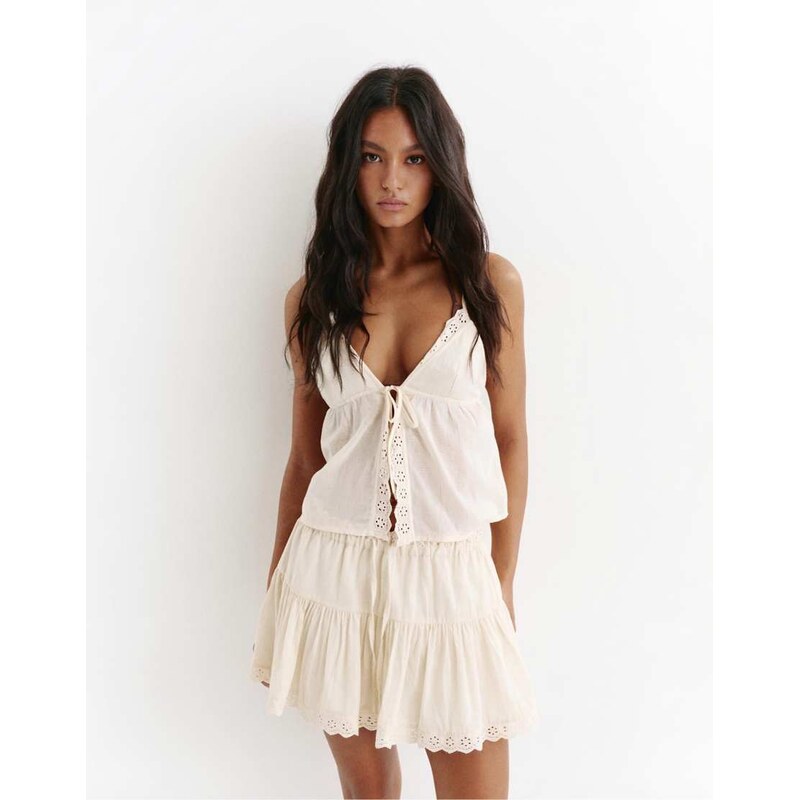 Pull&Bear Rustic mini skirt with lace detail in beige-Neutral 115730983