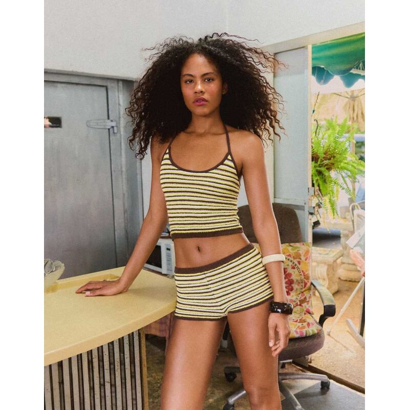 Bershka Halter neck knit top in brown 115731000
