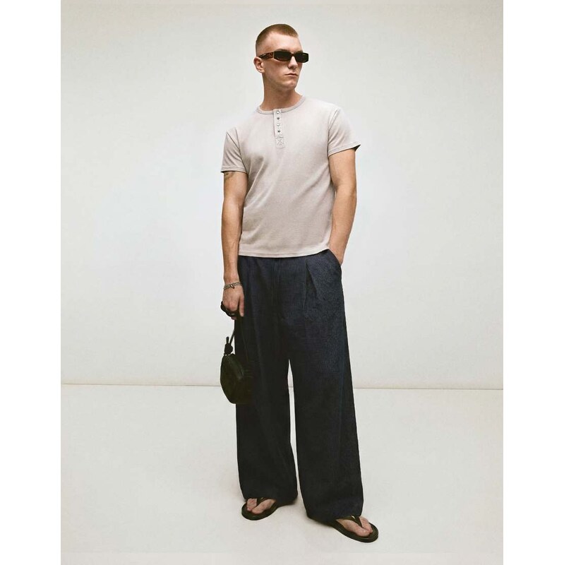 Bershka Mega baggy check trousers in blue-Navy