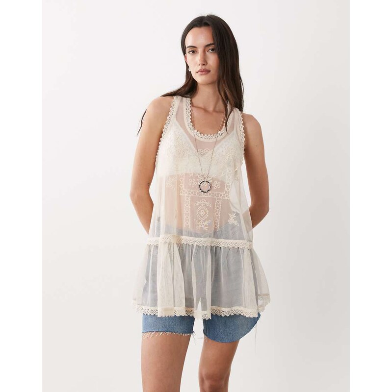Miss Selfridge festival embroidered mesh cami top in ecru-White