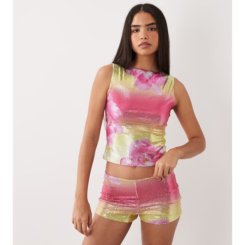 Kaiia exclusive sequin micro shorts co-ord in lemon and pink