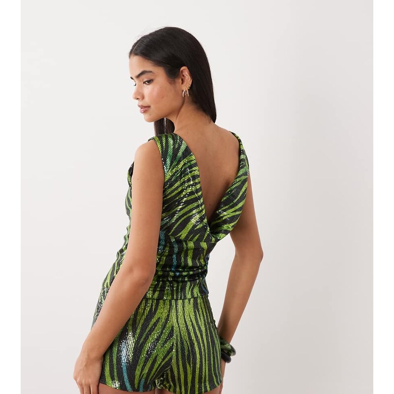 Kaiia exclusive sequin slashneck cowl back top co-ord in blue