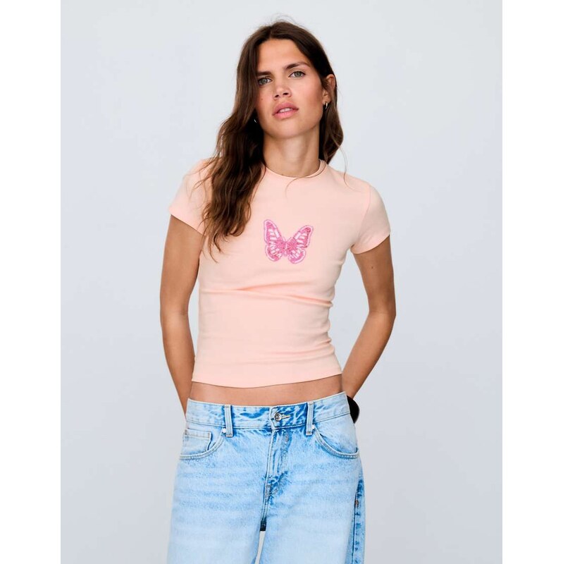 Bershka Short sleeve print and bead t-shirt in pink 115733755