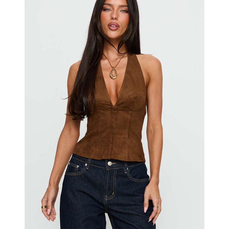 Princess Polly Dalyah faux suede plunge halterneck top in brown 115733558