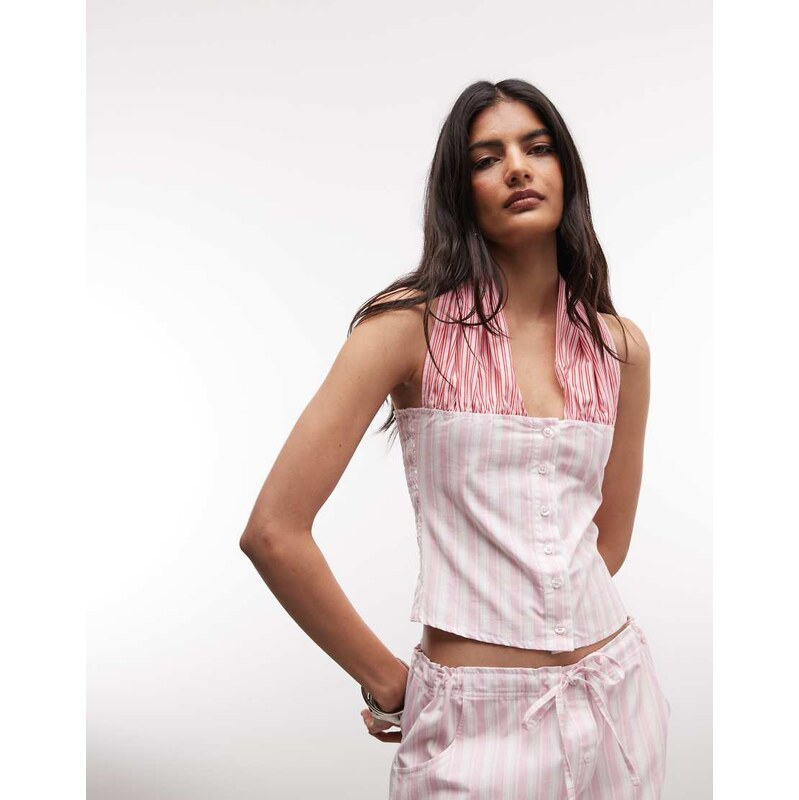 Susmies isabela contrast poplin halterneck top in pink sripe co-ord 115733594