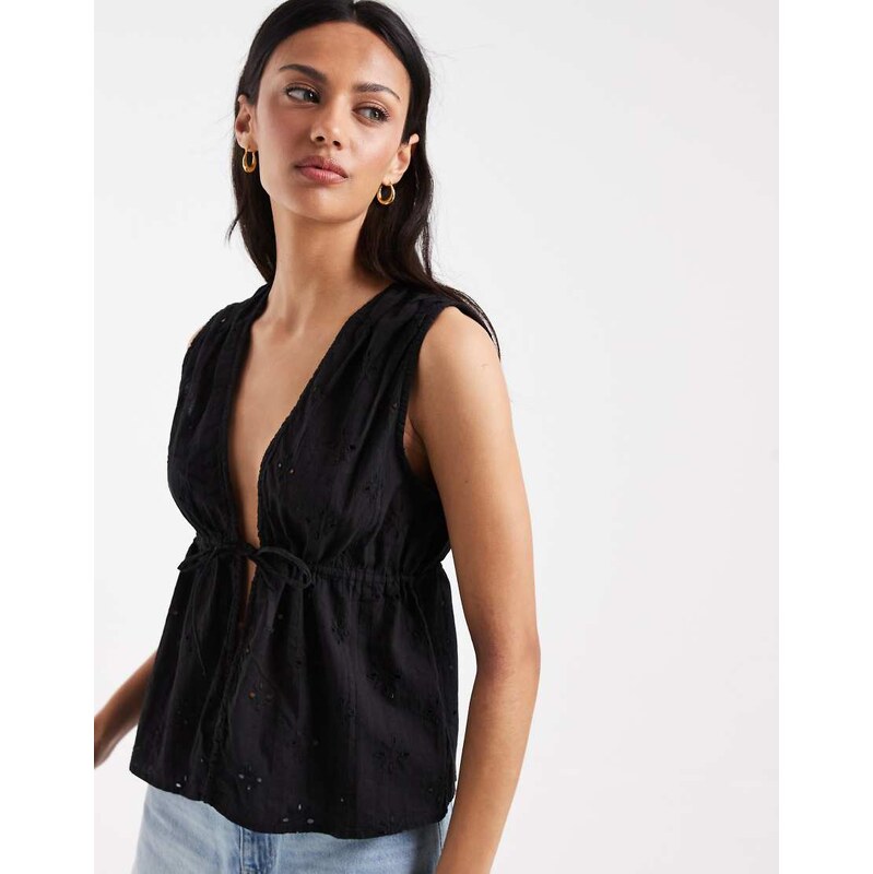 ONLY tie front embroidery top in black 115733708