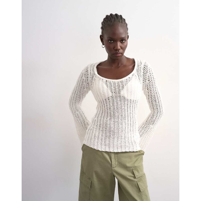 Topshop knitted open stitch long sleeved top in ivory-White 115733447
