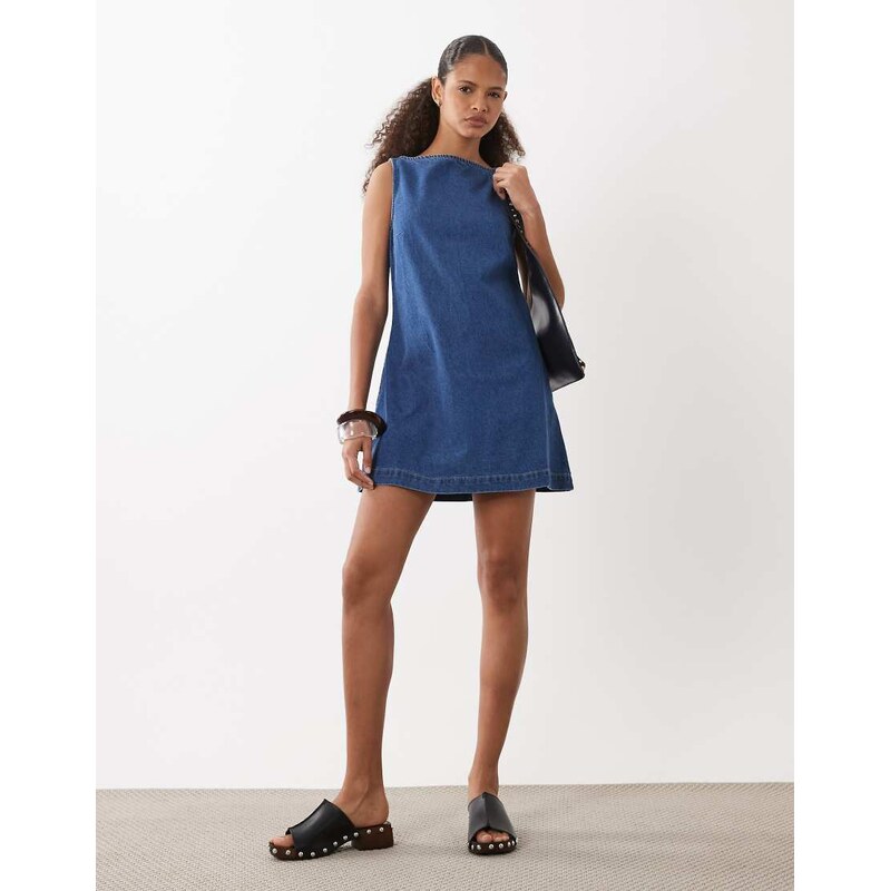 ASOS DESIGN denim fit and flare shift dress in mid blue 115733467