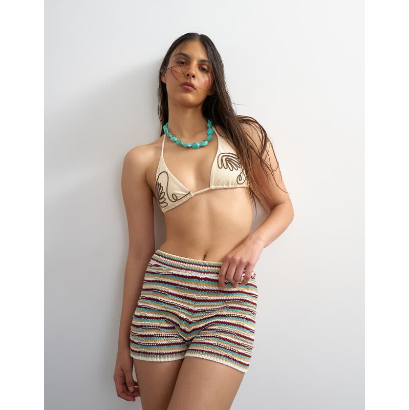 Topshop Sienna embroidered triangle bikini in off white and chocolate 115733490