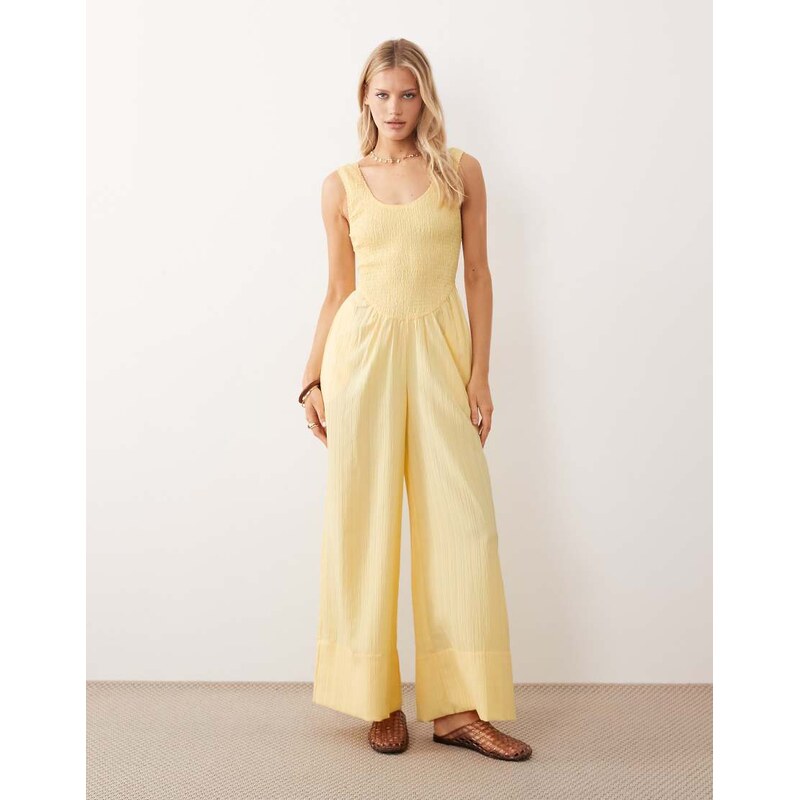 ASOS DESIGN scoop neck crinkle jumpsuit in buttermilk-Yellow