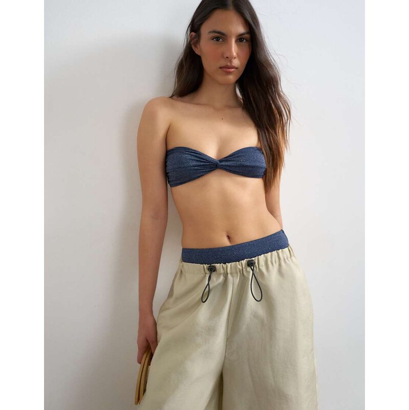 Topshop Hawaii glitter bandeau bikini top in navy 115733532