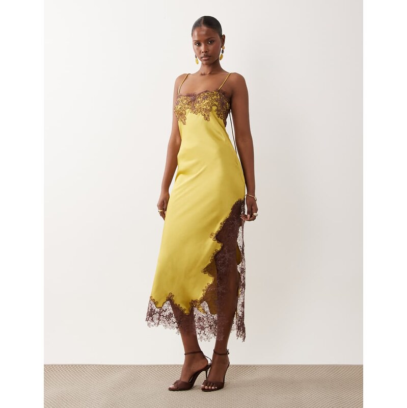 ASOS DESIGN satin lace applique midi dress in bright olive green 115733538
