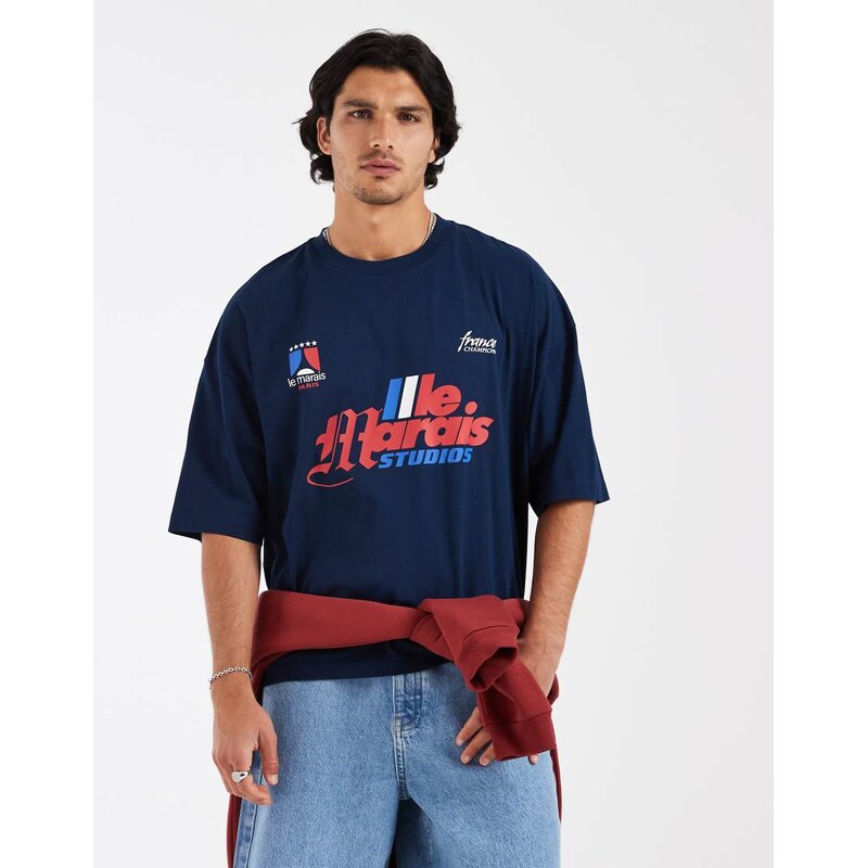 ASOS DESIGN boxy oversized t-shirt with football graphic in navy