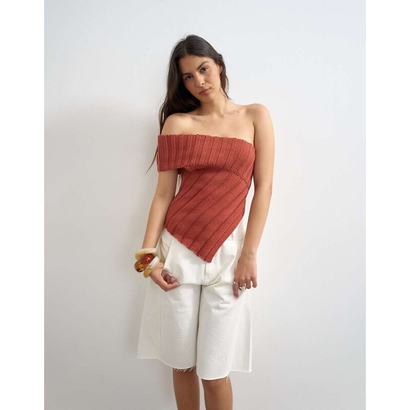 Topshop knitted one shoulder asymmetric top in rust-Orange