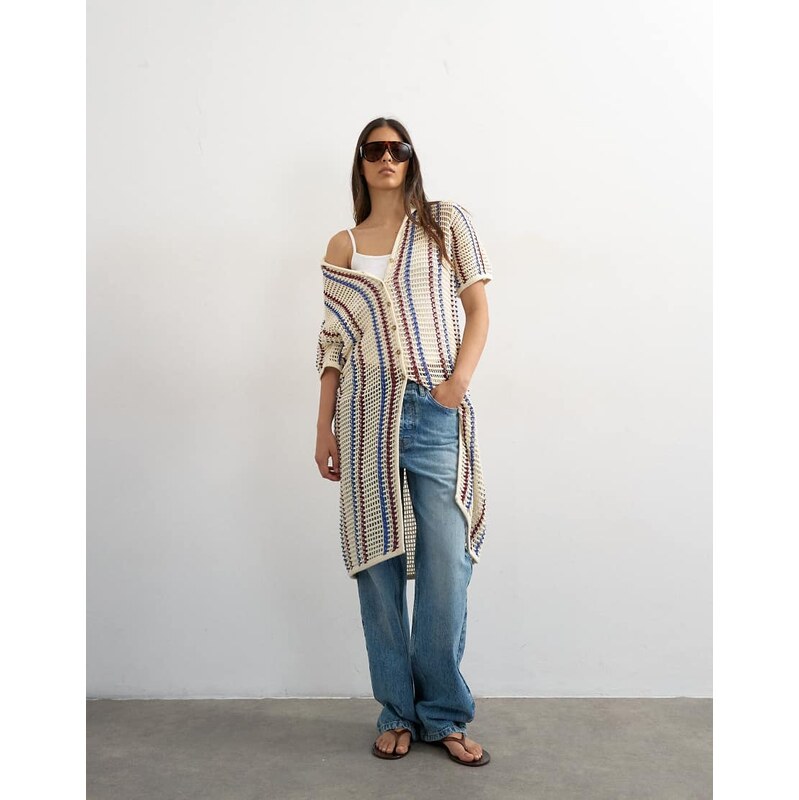 Topshop knitted polo stripe open stitch midi dress in ecru-Neutral 115733598