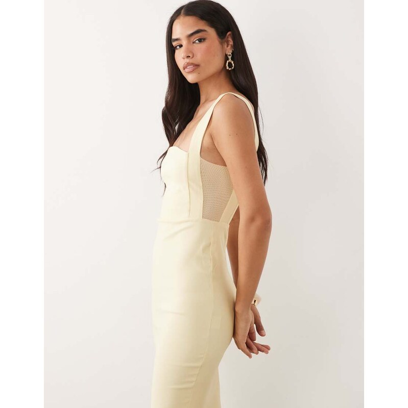 Vesper bengaline square neck mesh panel midi dress in lemon-Yellow 115733614
