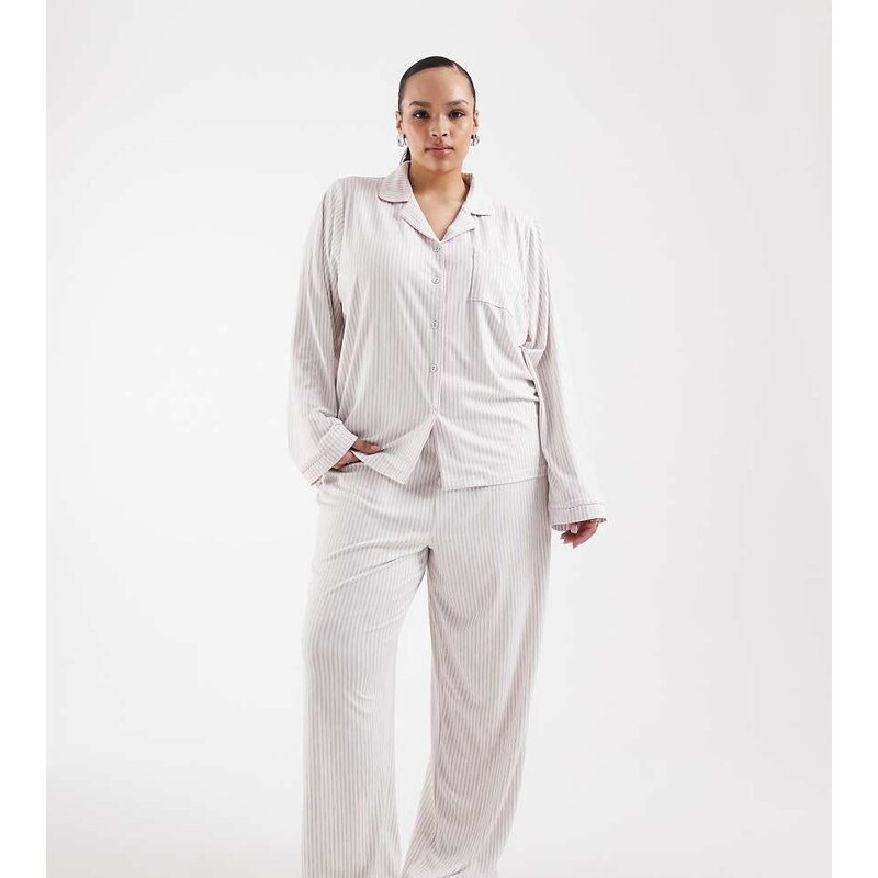 Loungeable Curve super soft jersey revere top and trouser set in beige 115733617