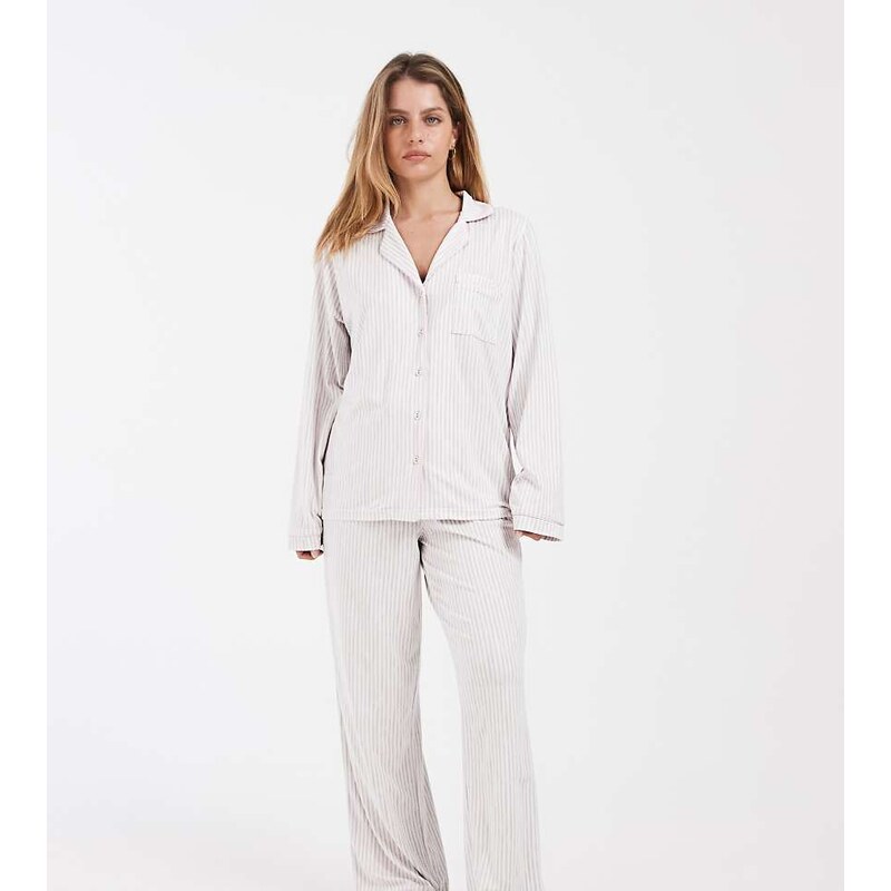 Loungeable Petite supersoft jersey revere top and trouser set in