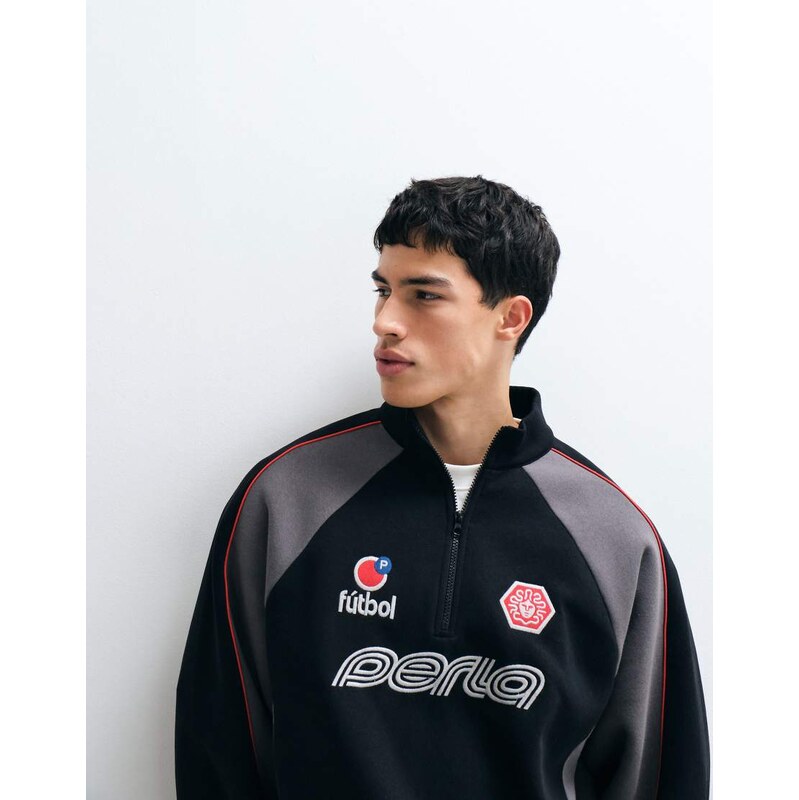 ASOS DESIGN relaxed half zip sweatshirt with piping and graphic in 115733645