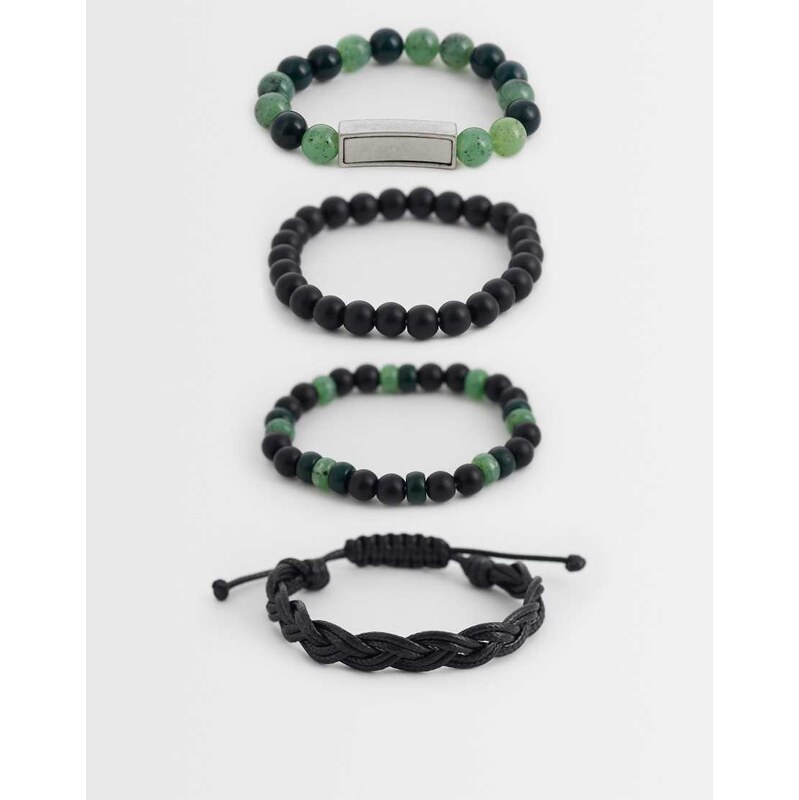 ASOS DESIGN 4 pack beaded and rope bracelets in black and green-Blue 115733651