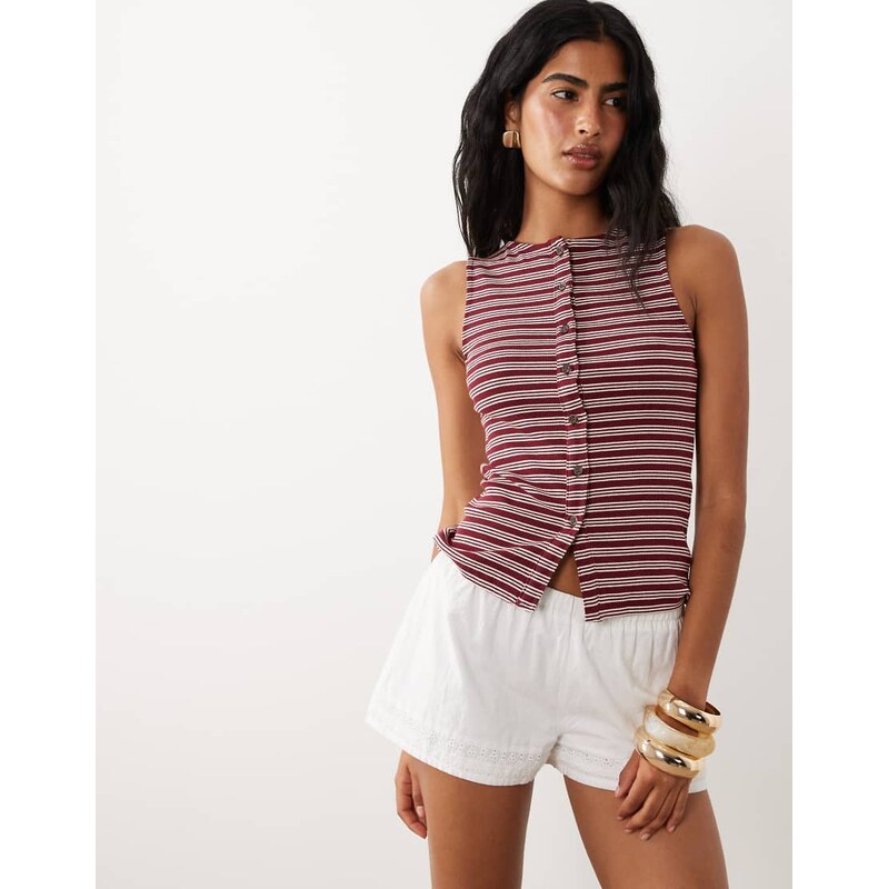 Brave Soul button down vest in burgundy and cream stripe-Red 115733655
