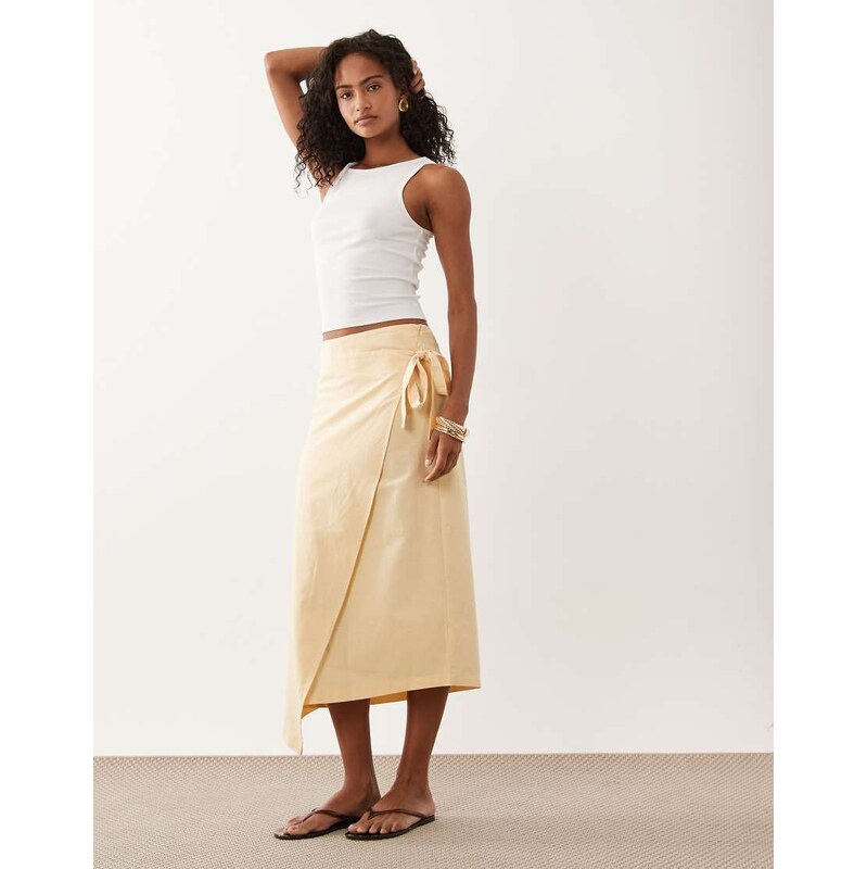ASOS DESIGN linen blend wrap skirt in buttermilk co ord-Yellow