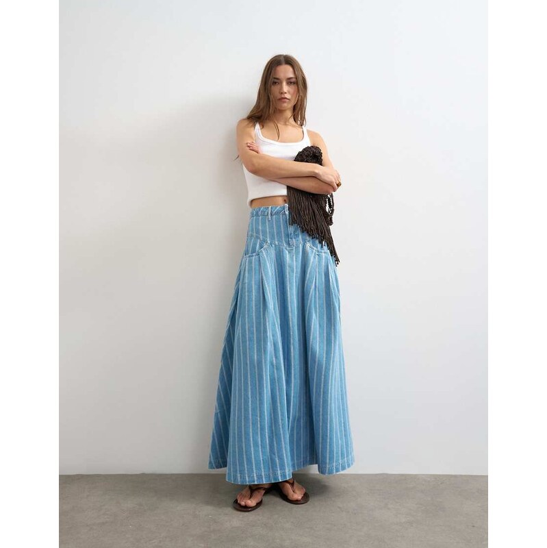 Topshop denim pleated yoke maxi skirt in stripe-Multi 115733679
