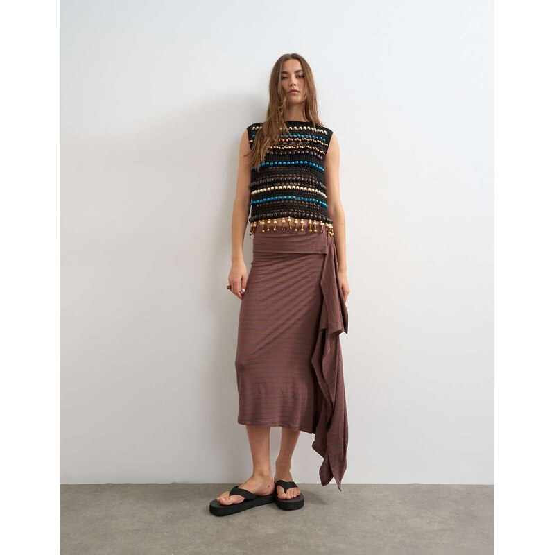 Topshop stripe draped midi skirt in brown 115733682