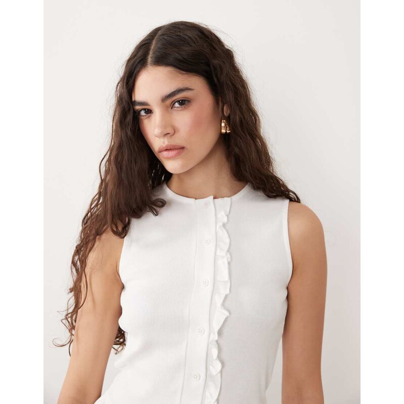 Miss Selfridge button through tank with frill hem in cream-White 115733693