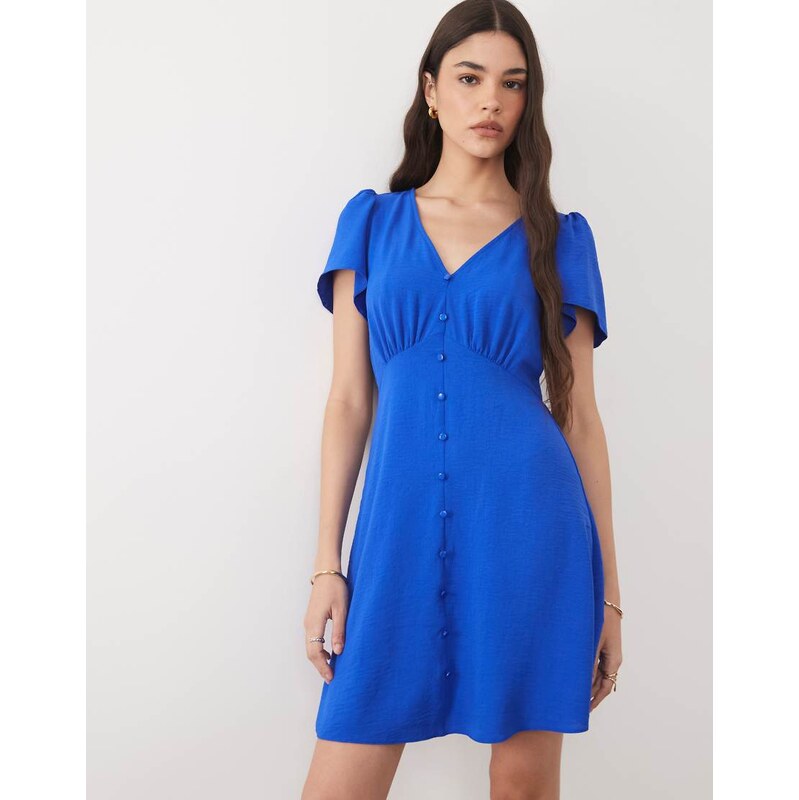 New Look button through mini tea dress in bright blue 115733709