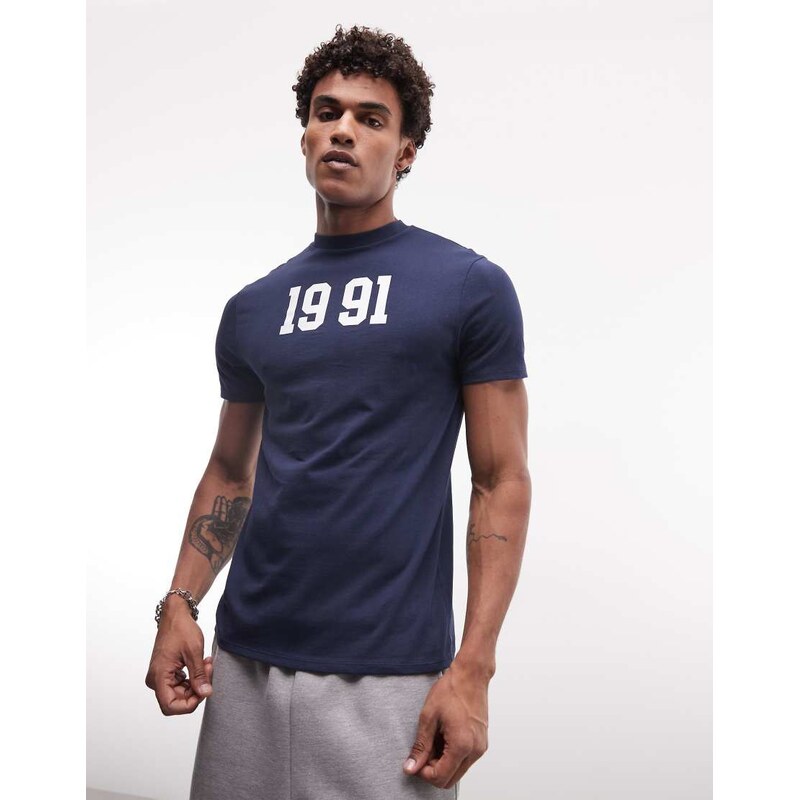 ASOS DESIGN slim t-shirt with 1991 graphic in navy