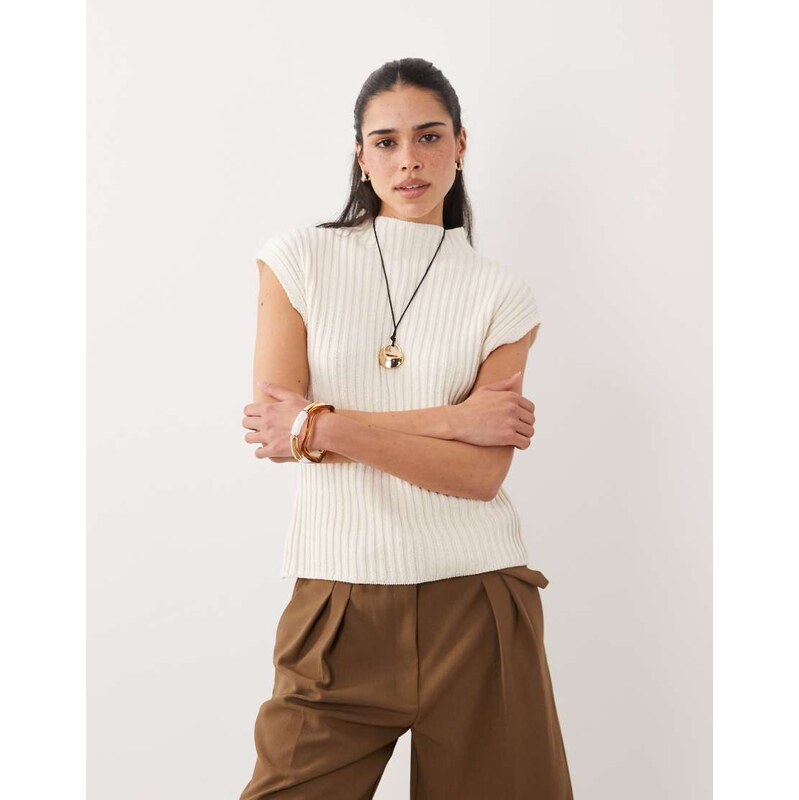ASOS DESIGN knitted cinched funnel neck tank in ecru-Blue