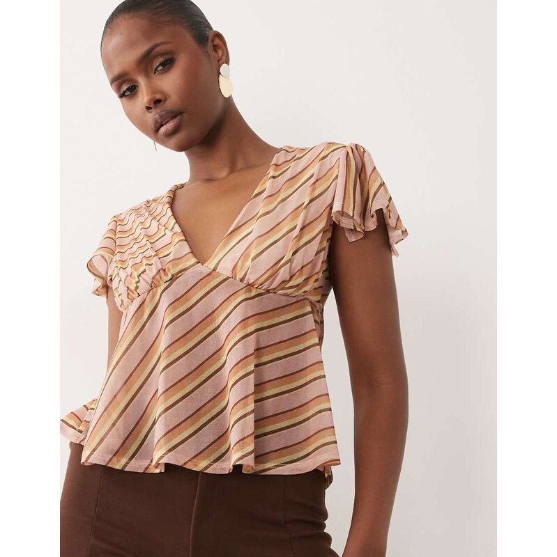 ASOS DESIGN mesh flutter sleeve top in stripe-Multi 115733720