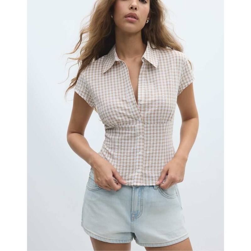 Stradivarius Short sleeve shirt with underbust seam in stone-White 115733741