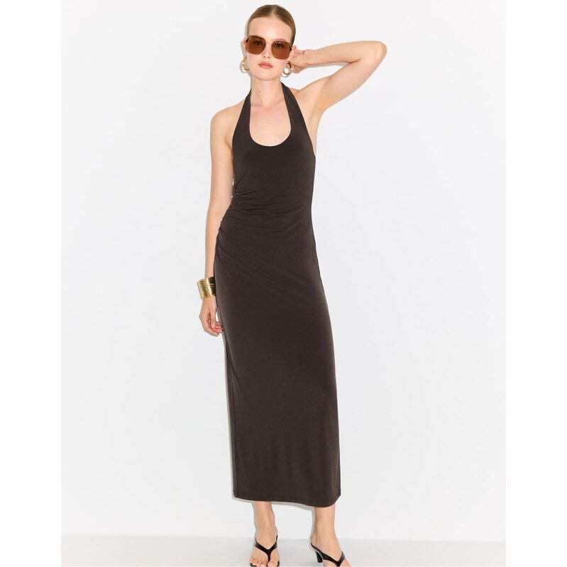 Stradivarius Halter neck midi dress in brown 115733750