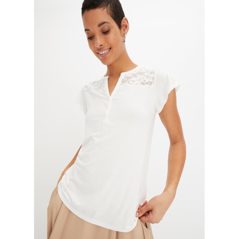bonprix Henley tričko z viskózové směsi béžová Žena 57330742