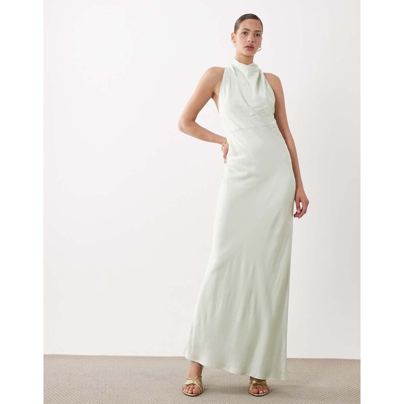 SNDYS satin high neck open back twist detail maxi dress in sage