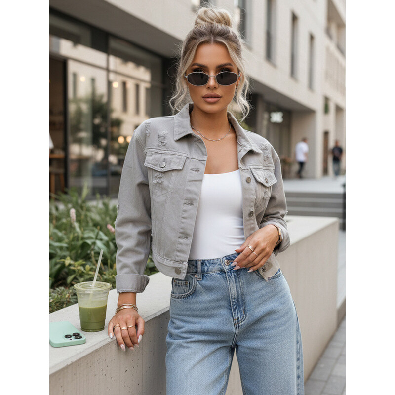 Dámská krátká džínová bunda sepraná LANDIA šedá FashionStreet TY5684 115734048