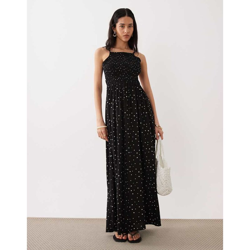 Esmee shirred maxi beach dress in black & white polka dot
