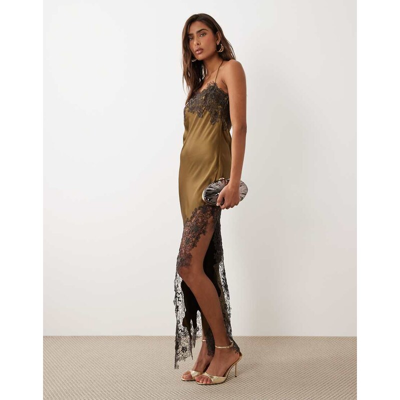 ASOS DESIGN satin lace applique midi dress in khaki-Pink 115735092