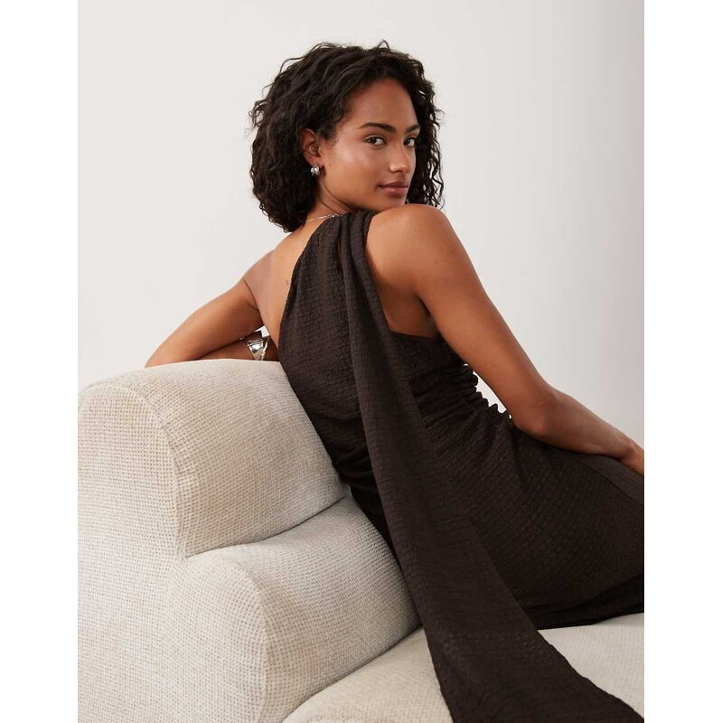 ASOS DESIGN on shoulder scarf detail textured midi dress in